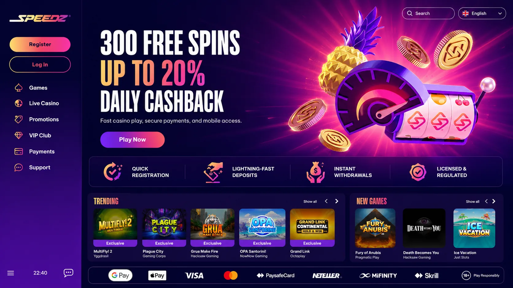 Speedz Casino Canada homepage with bonus, games and payment panels